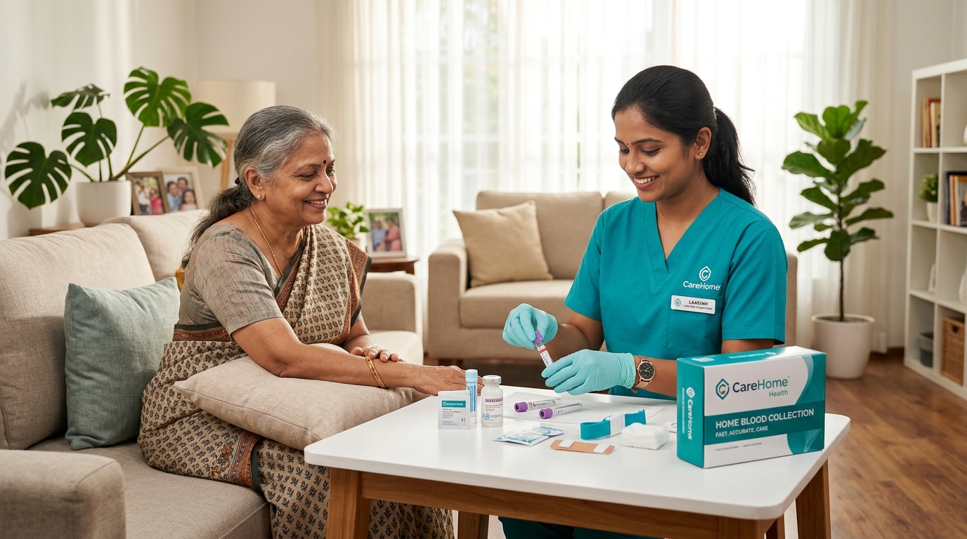 Healthians Phlebotomist collecting blood at home with patient